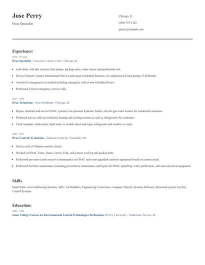 Hvac Specialist Resume
