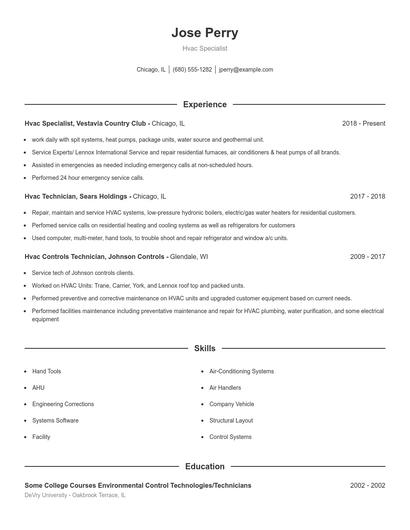 Hvac Specialist Resume