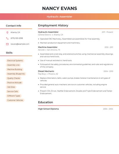 Hydraulic Assembler Resume