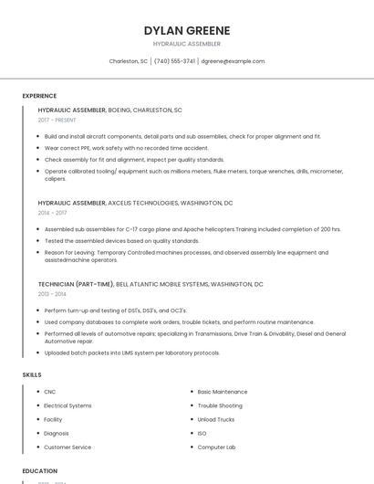 Hydraulic Assembler Resume