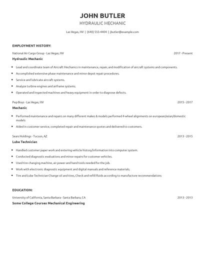 Hydraulic Mechanic Resume