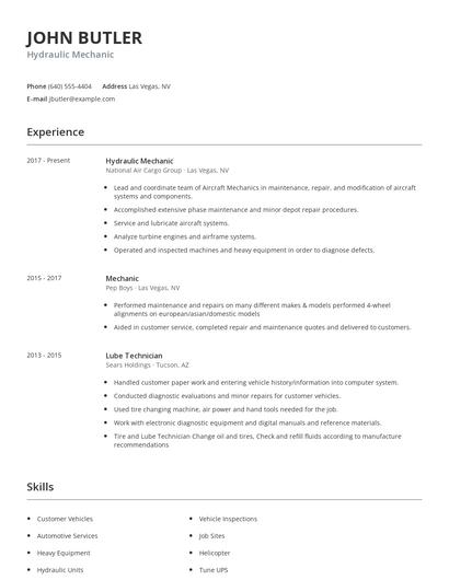 Hydraulic Mechanic Resume