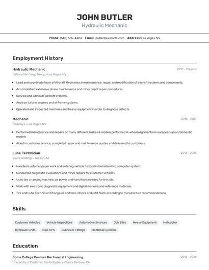 Hydraulic Mechanic Resume