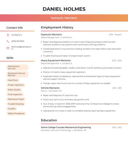 Hydraulic Mechanic Resume