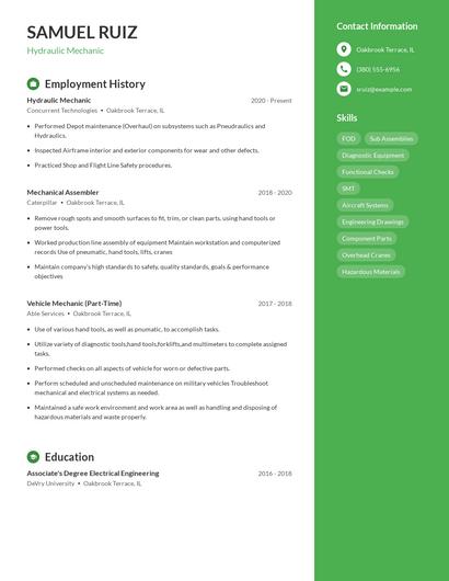 Hydraulic Mechanic Resume