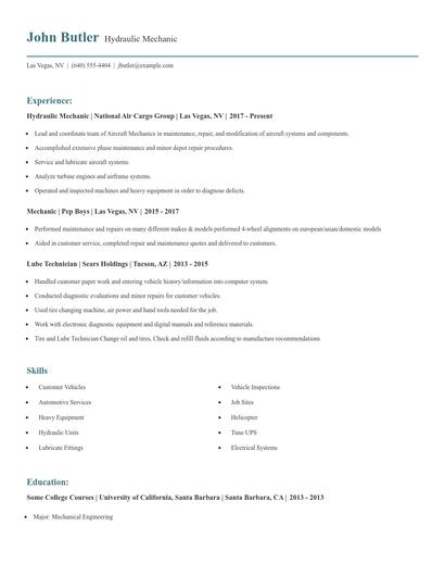 Hydraulic Mechanic Resume