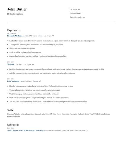 Hydraulic Mechanic Resume