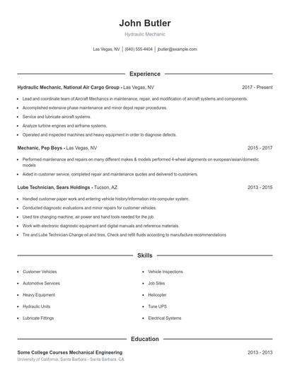 Hydraulic Mechanic Resume