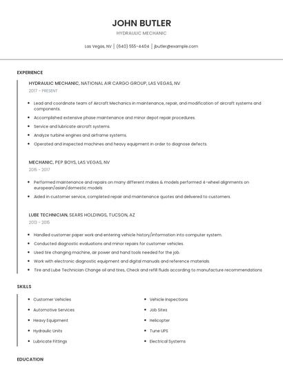 Hydraulic Mechanic Resume
