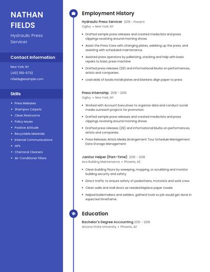 Hydraulic Press Servicer Resume