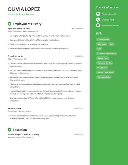 Hydraulic Press Servicer Resume