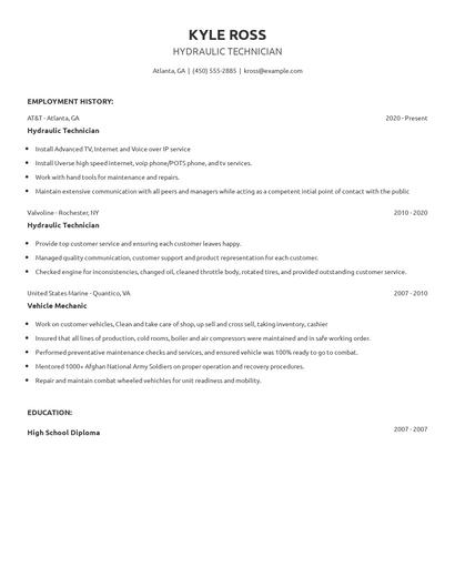 Hydraulic Technician Resume
