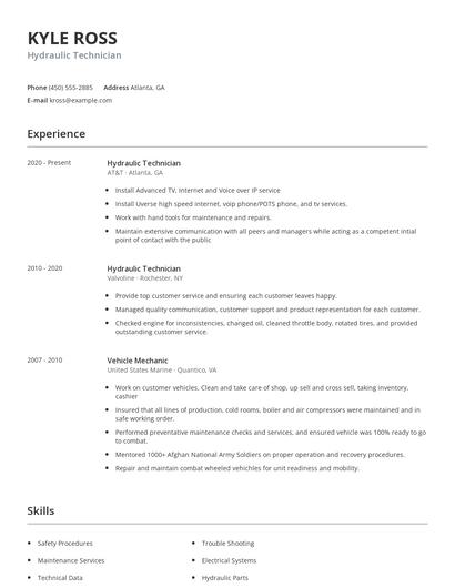 Hydraulic Technician Resume
