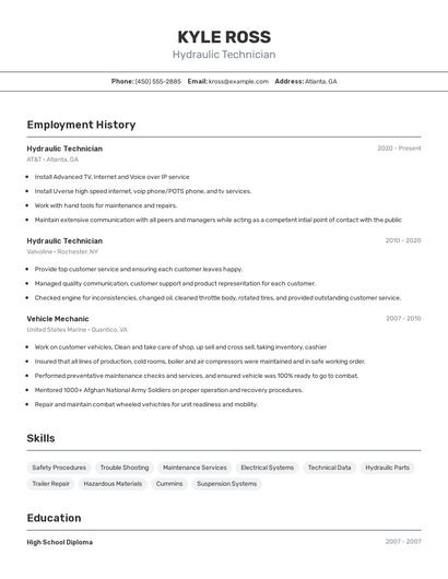 Hydraulic Technician Resume