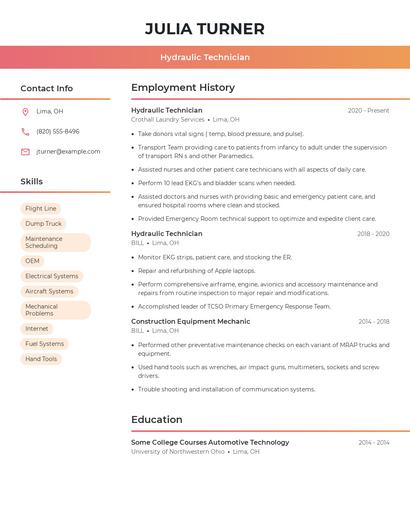 Hydraulic Technician Resume