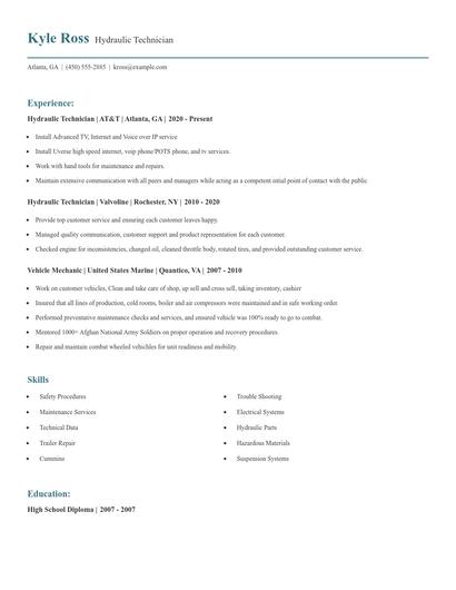 Hydraulic Technician Resume
