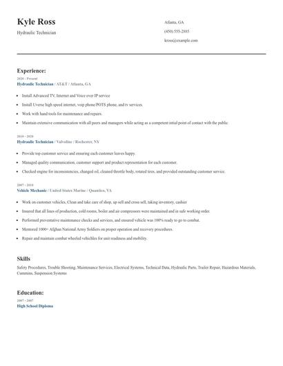 Hydraulic Technician Resume