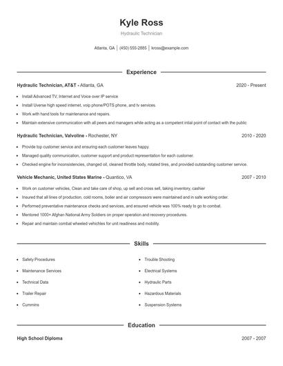 Hydraulic Technician Resume