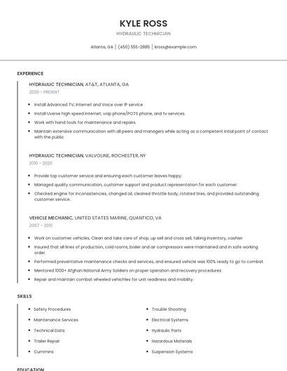 Hydraulic Technician Resume