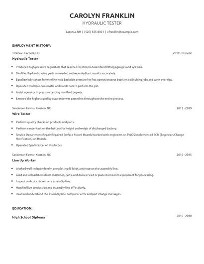 Hydraulic Tester Resume