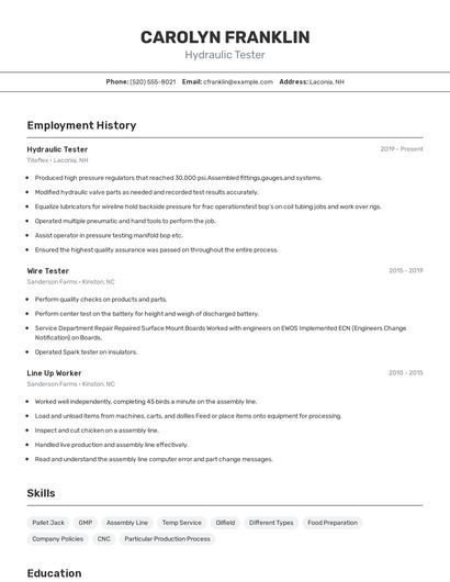 Hydraulic Tester Resume
