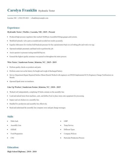 Hydraulic Tester Resume