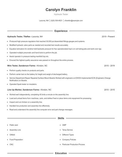Hydraulic Tester Resume