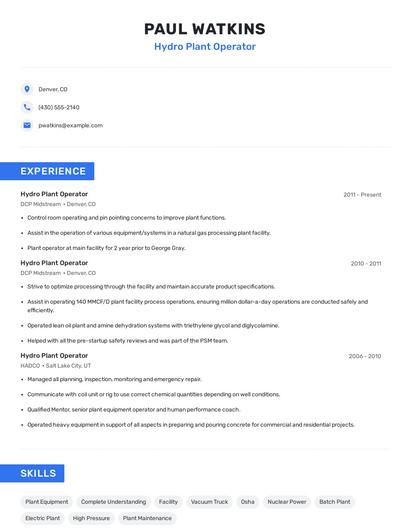 Hydro Plant Operator Resume