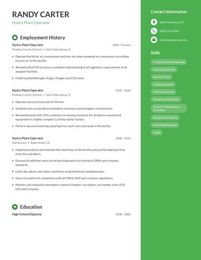 Hydro Plant Operator Resume