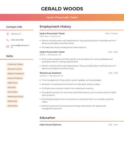 Hydro-Pneumatic Tester Resume