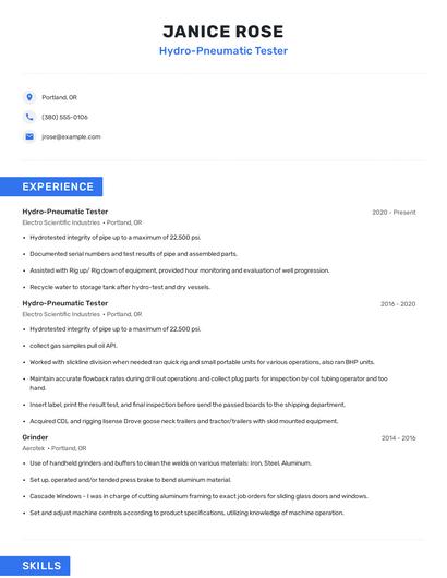 Hydro-Pneumatic Tester Resume