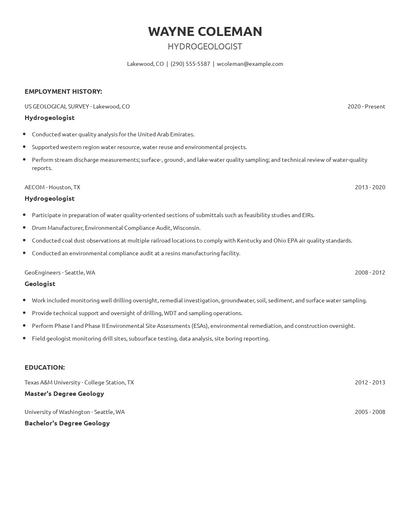 Hydrogeologist Resume