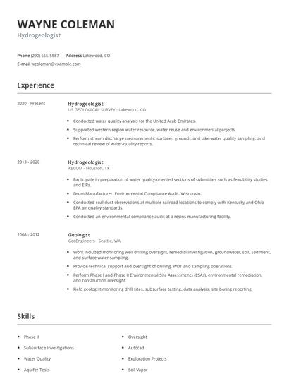 Hydrogeologist Resume