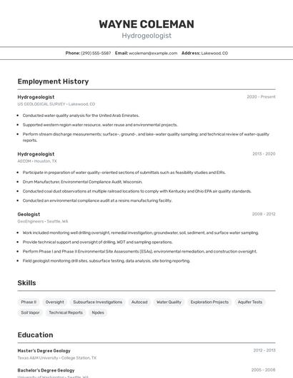 Hydrogeologist Resume