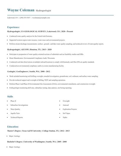 Hydrogeologist Resume