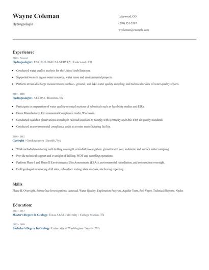 Hydrogeologist Resume