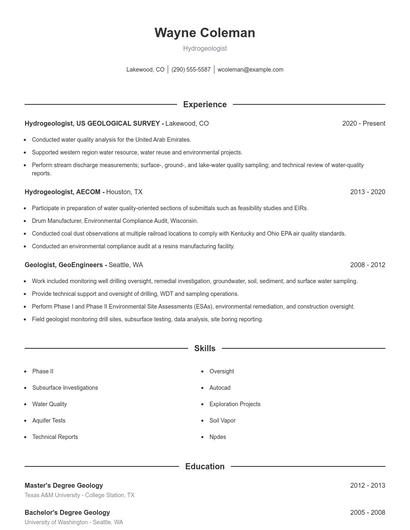 Hydrogeologist Resume