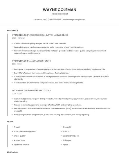 Hydrogeologist Resume