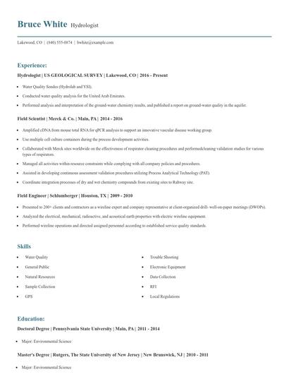 Hydrologist Resume