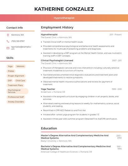 Hypnotherapist Resume