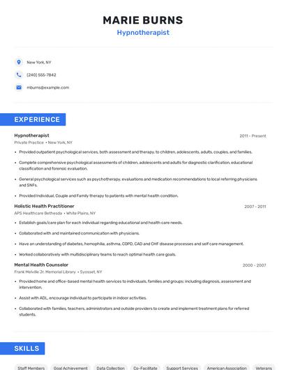 Hypnotherapist Resume