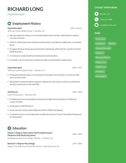 Hypnotherapist Resume