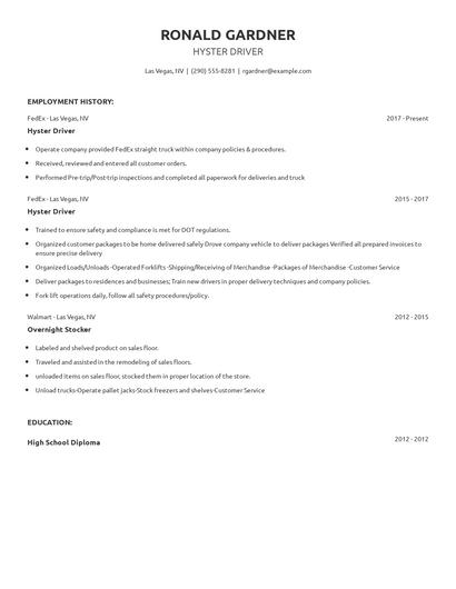 Hyster Driver Resume