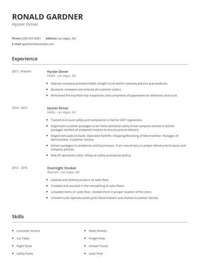Hyster Driver Resume