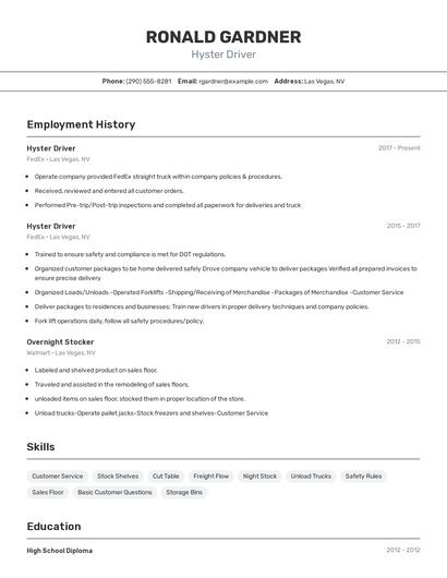 Hyster Driver Resume