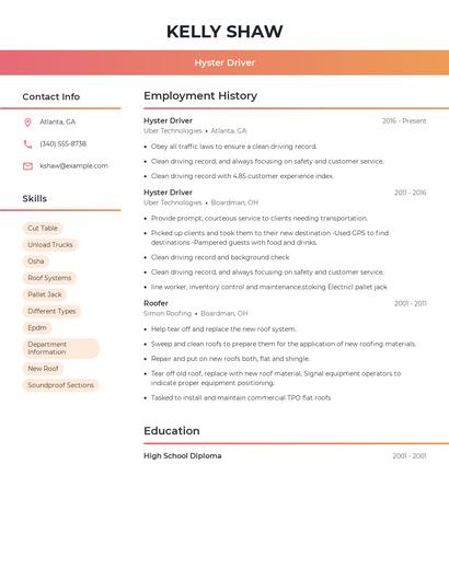 Hyster Driver Resume