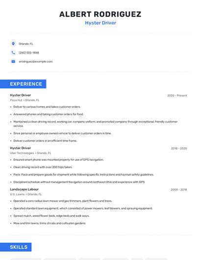 Hyster Driver Resume