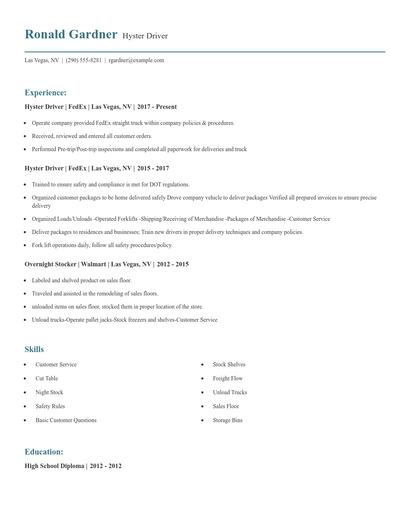 Hyster Driver Resume