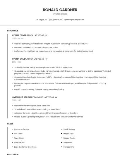 Hyster Driver Resume