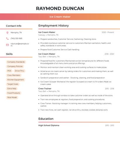 Ice Cream Maker Resume